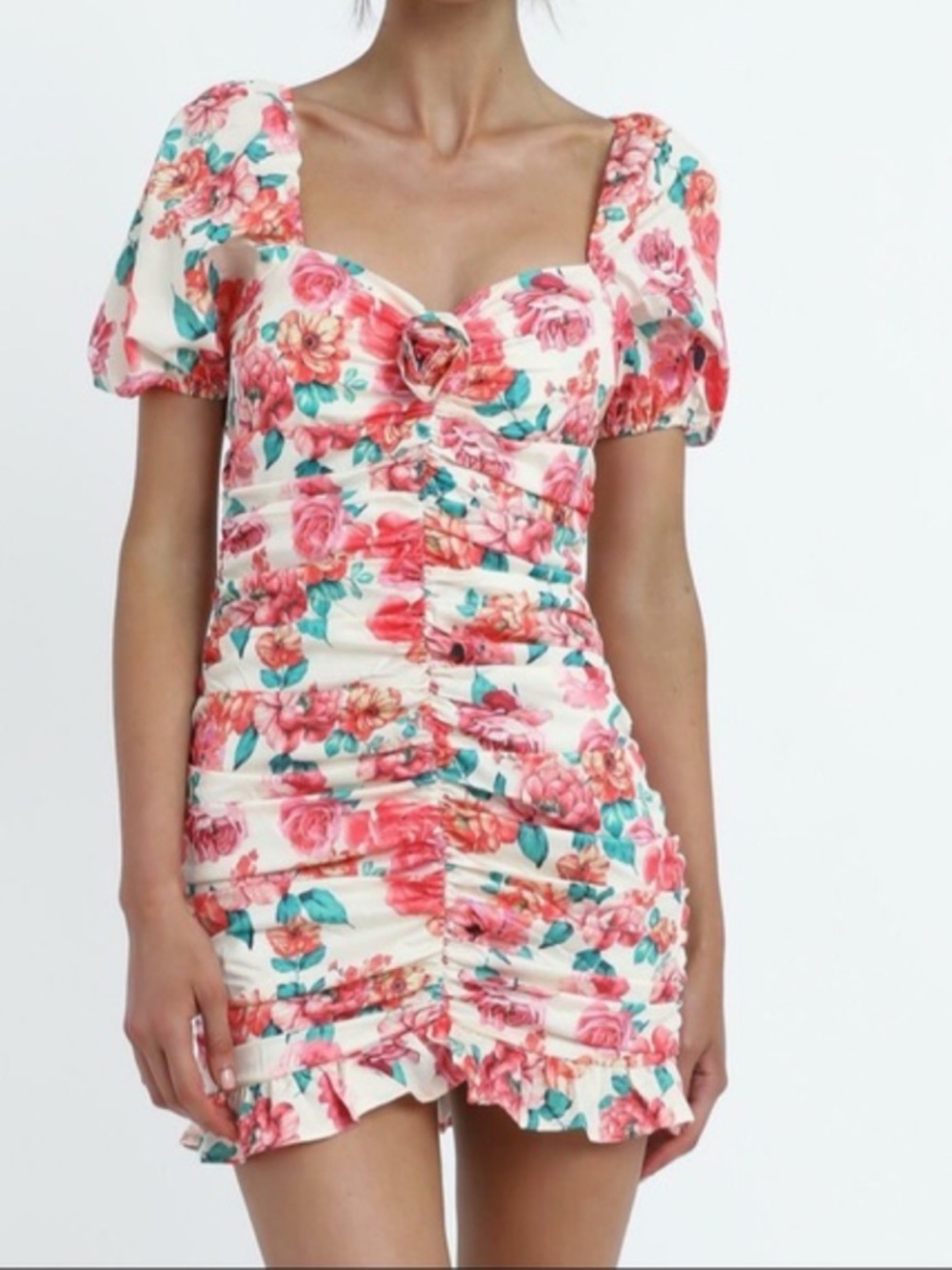 Showpo. Floral Ruched Sweetheart Mini Dress in Pink & Teal